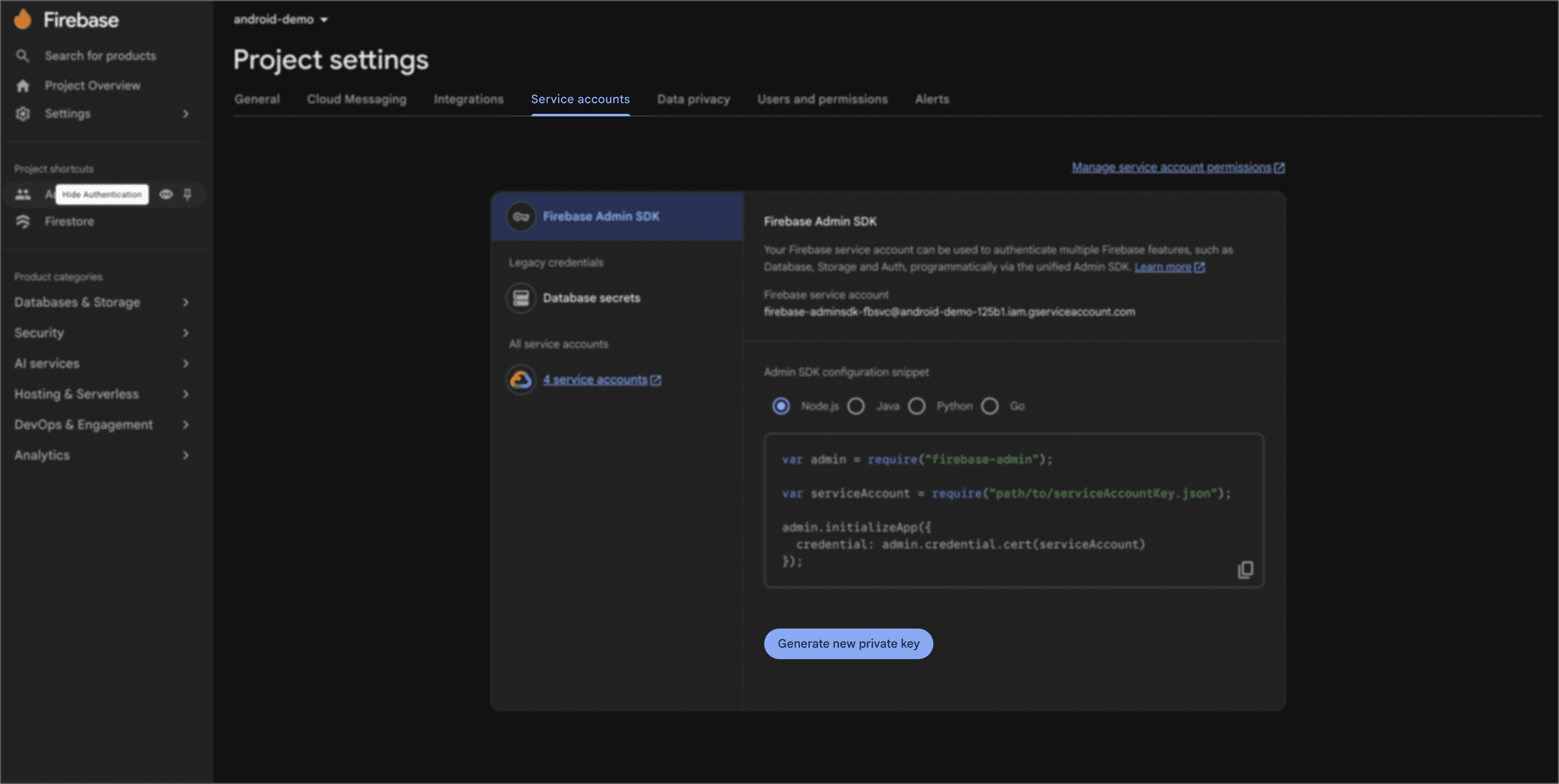 Screenshot of the Firebase console Project settings, Service accounts tab, showing the Firebase Admin SDK panel with the service account email, a Node.js configuration snippet using firebase-admin to initialize the app with a service account credential, and a Generate new private key button.