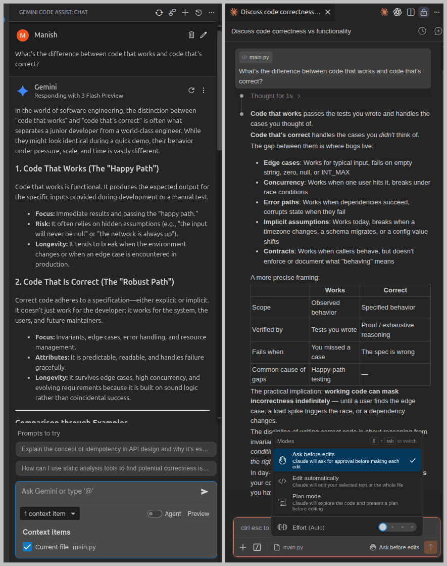 Fig: The chat windows for the Claude Code and Gemini Code Assist VS Code extensions