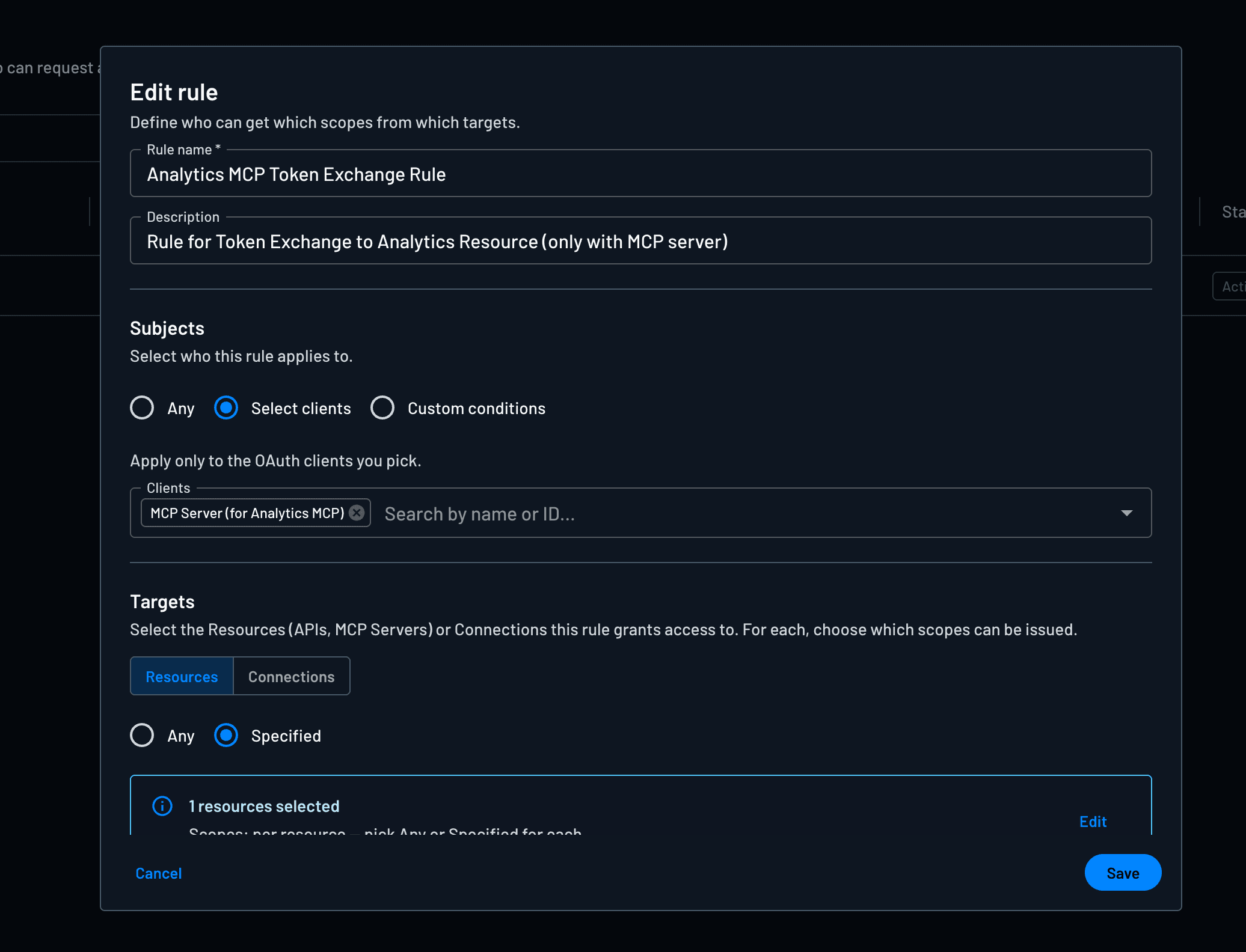 Define a specific policy when the Analytics MCP server is the client
