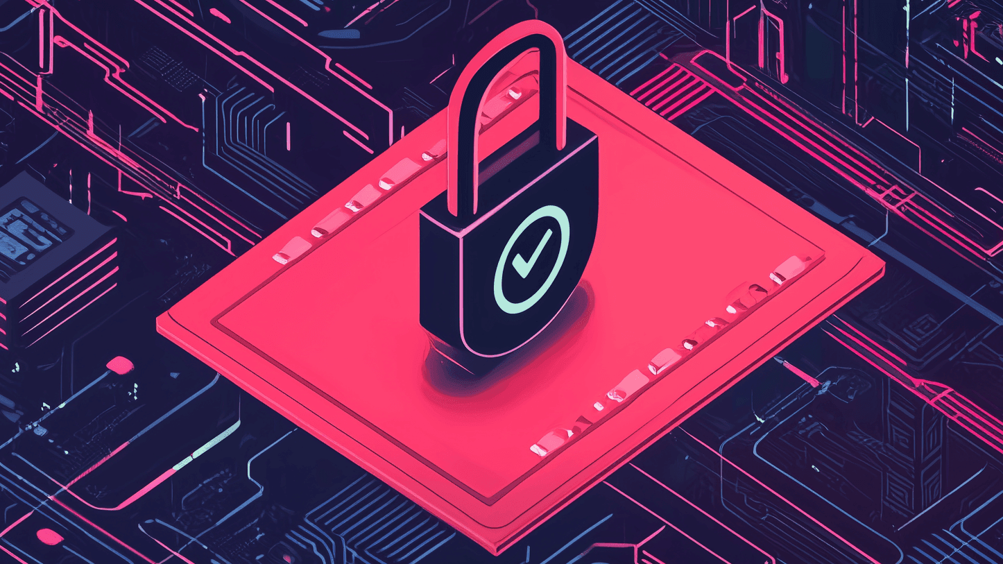 An isometric illustration of a glowing padlock with a checkmark at its center, sitting on a bright pink platform embedded in a dark, circuit-board–like background, evoking security controls and safeguards applied to digital tokens.