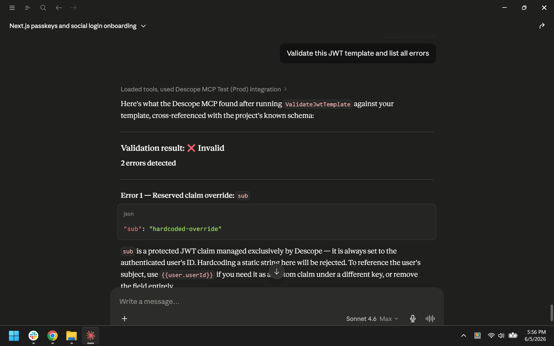 Validate this JWT template and list all errors