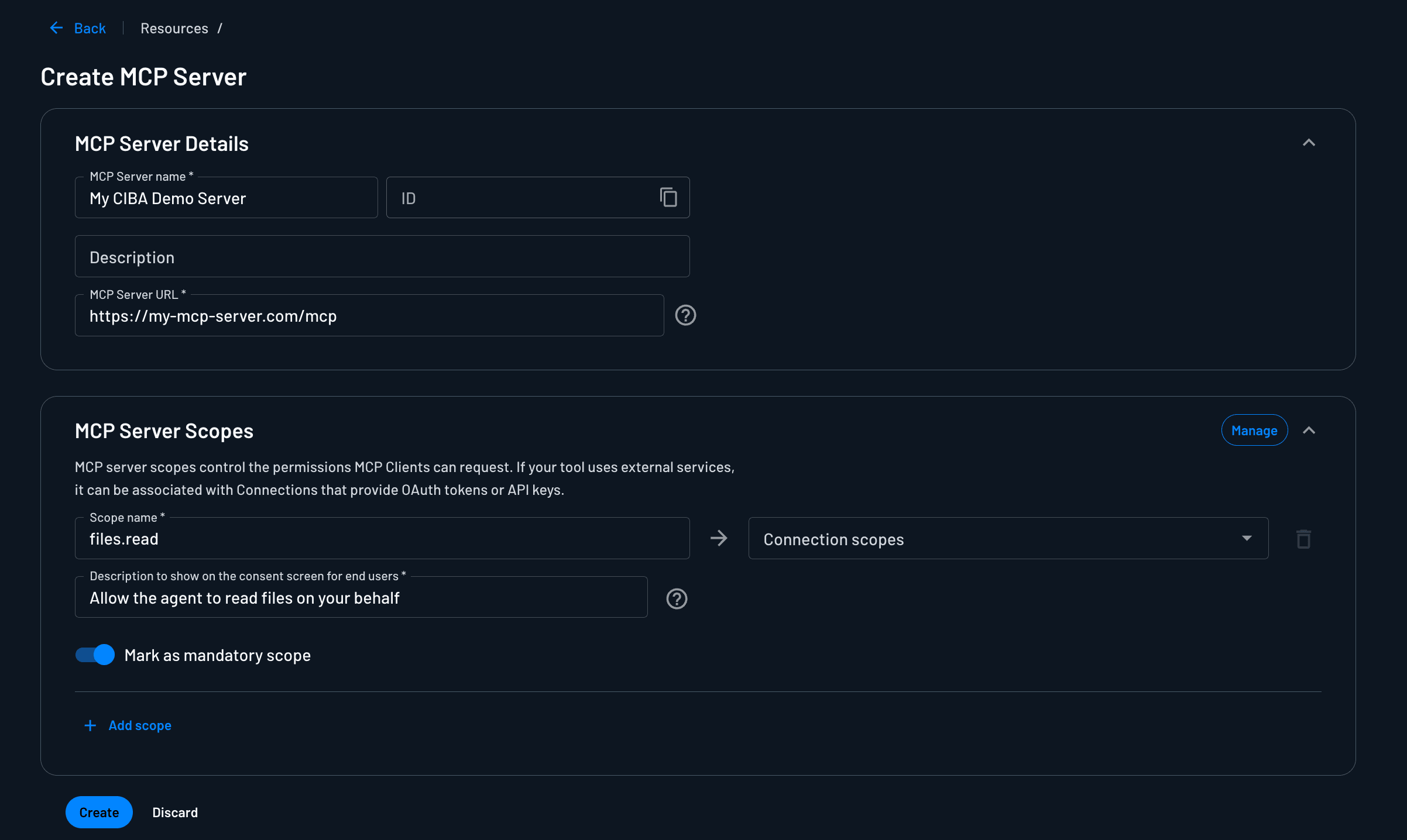 Fig: Adding an MCP server as a resource server in the Descope Console