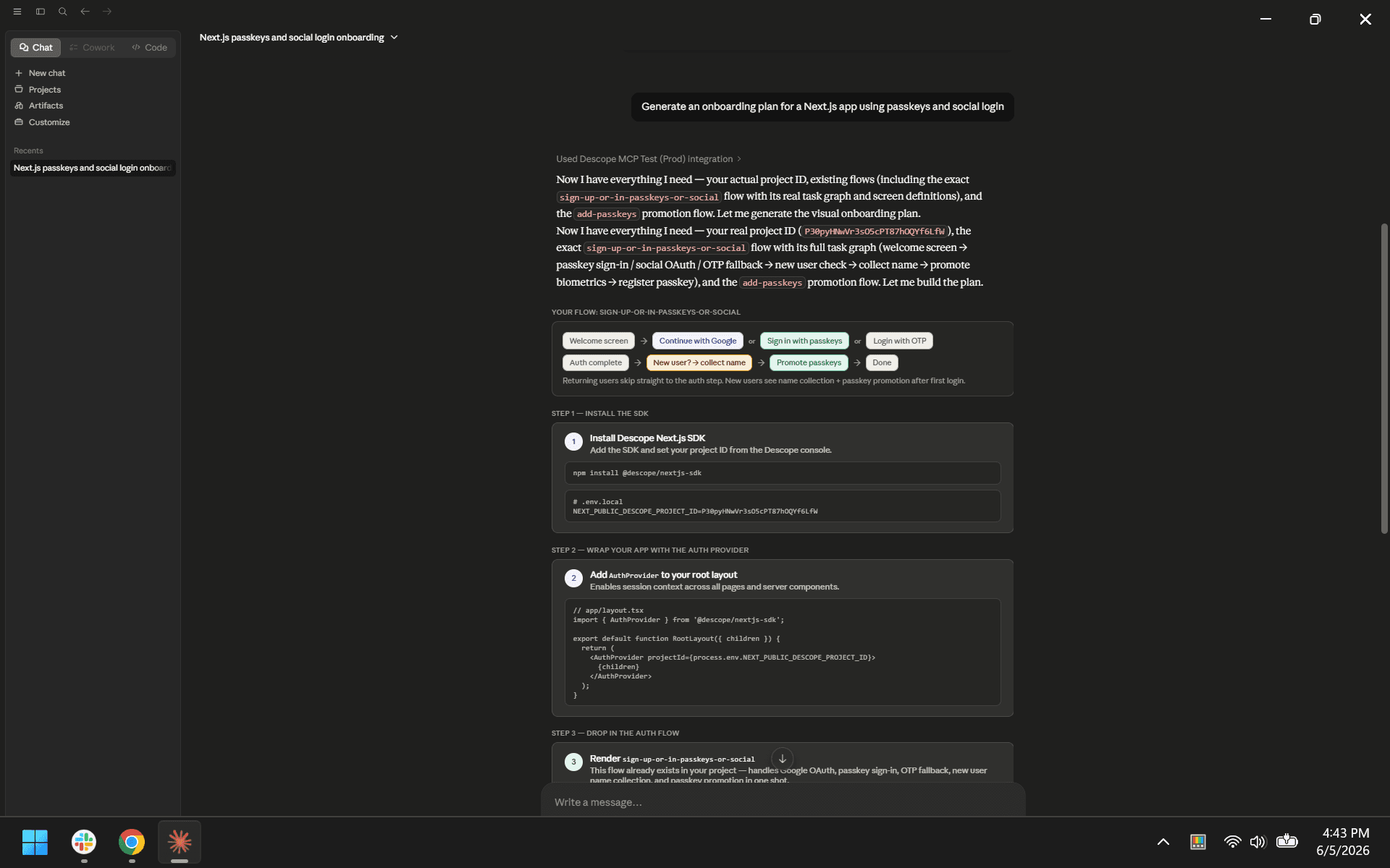 Generate an onboarding plan for a Next.js app using passkeys and social login