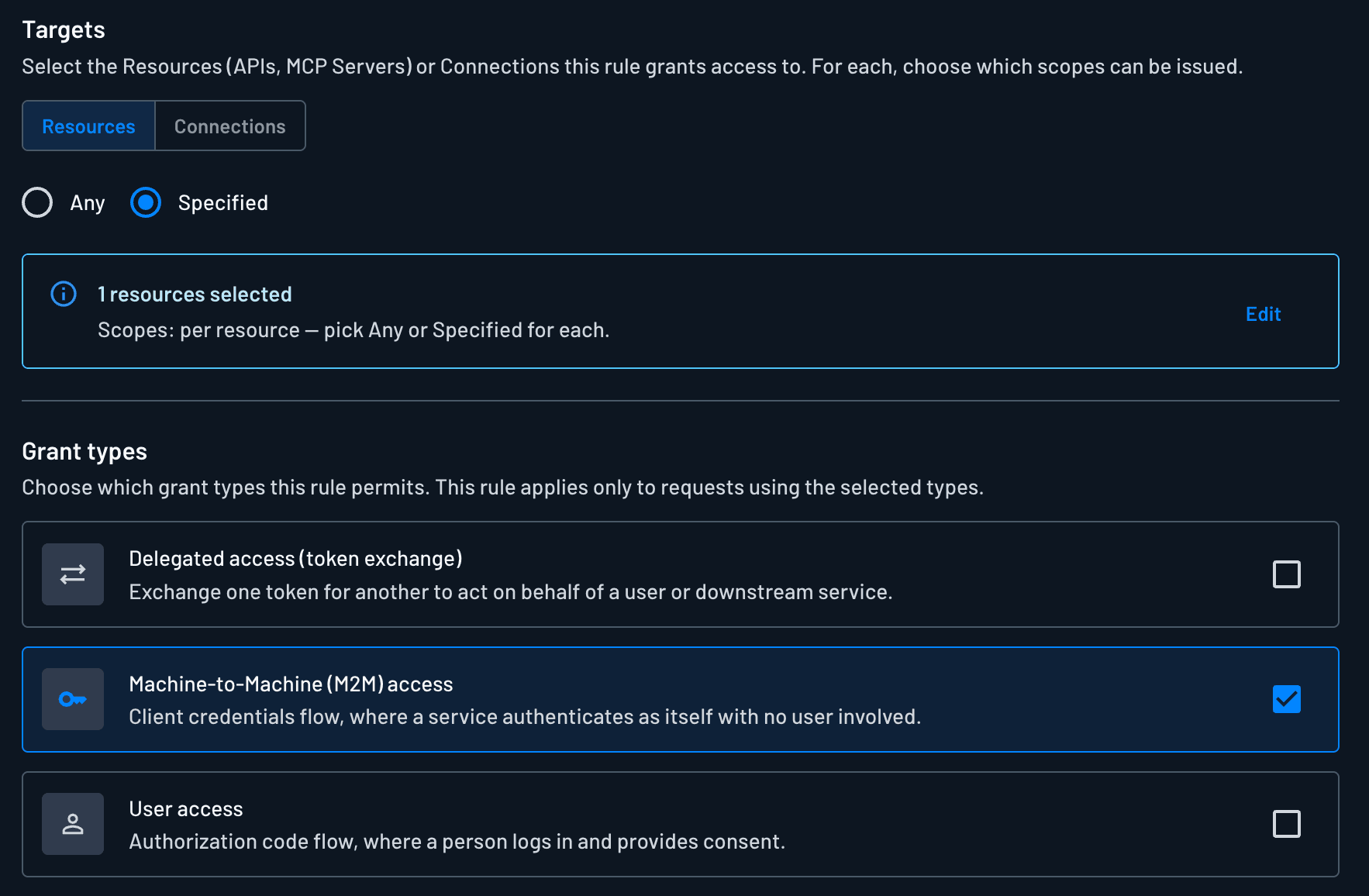 The Descope policy for read-only clients, granting the read client mcp:bigquery.read and the write client mcp:bigquery.write.
