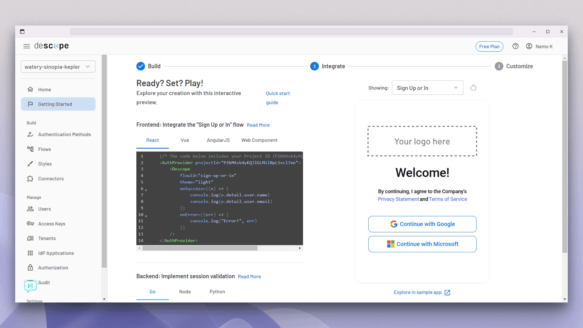 Screenshot of the Descope dashboard in the Integrate step showing a completed React OAuth setup, with the left sidebar navigation including Getting Started, Authentication Methods, Flows, Styles, Connectors, Users, and Applications, a header indicating Build completed and Integrate active, and a main panel titled Ready? Set? Play! with an interactive preview. The center section displays frontend integration instructions with the React tab selected and a visible code snippet using an AuthProvider component with a projectId value, a Descope component configured with flowId set to sign-up-or-in, theme set to light, and onSuccess and onError handlers logging user details and errors. On the right, a live authentication preview shows a sign up or sign in screen with a placeholder logo area, a Welcome message, consent text referencing the Privacy Statement and Terms of Service, and buttons labeled Continue with Google and Continue with Microsoft.