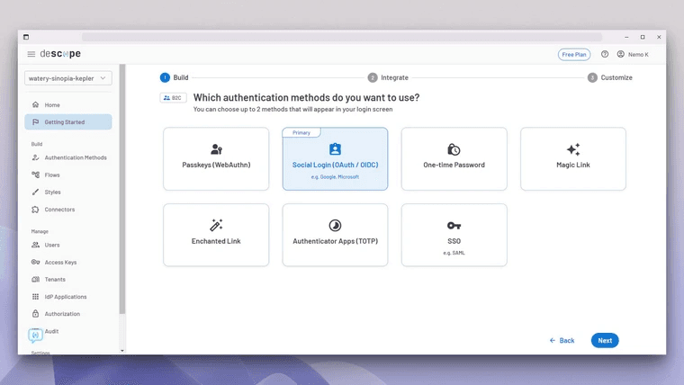 Screenshot of the Descope dashboard during the Build step showing a page titled Which authentication methods do you want to use with a note that up to two methods can appear on the login screen, a grid of selectable cards including Passkeys (WebAuthn), Social Login (OAuth / OIDC) marked as Primary with examples like Google and Microsoft, One time Password, Magic Link, Enchanted Link, Authenticator Apps (TOTP), and SSO such as SAML, a left sidebar with navigation sections for Build, Manage, Audit, and Settings and items like Authentication Methods, Flows, Styles, Users, and Applications, a project selector labeled watery-sinopia-kepler at the top left, a Free Plan badge at the top right, and navigation buttons labeled Back and Next in the bottom right.