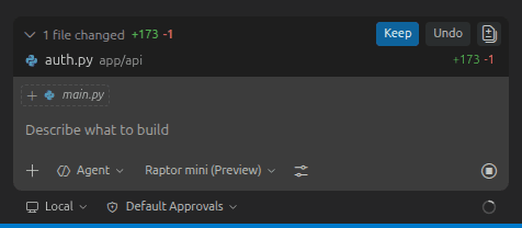 Fig: GitHub Copilot asking for permission before modifying or creating any file