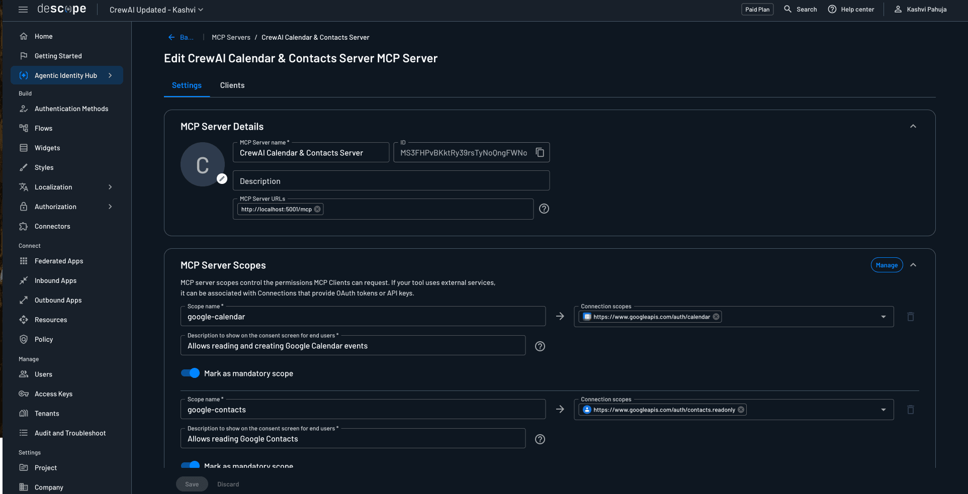 Fig: Creating an MCP Server in the Agentic Identity Hub