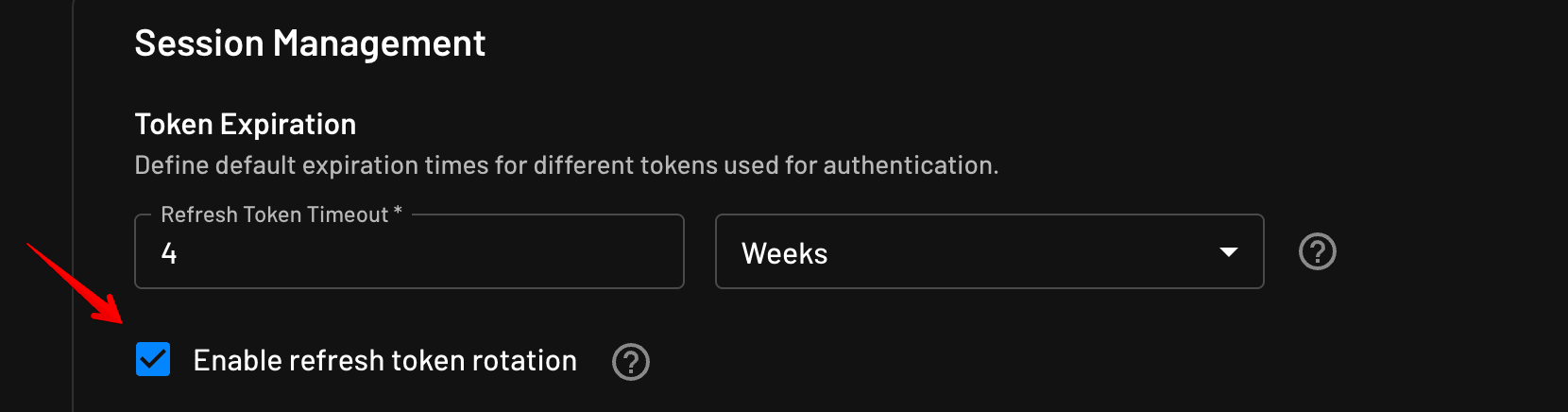 A dark-themed settings panel titled “Session Management” showing token expiration options, with a refresh token timeout set to 4 weeks and a highlighted, checked option labeled “Enable refresh token rotation,” indicated by a red arrow pointing to the checkbox.