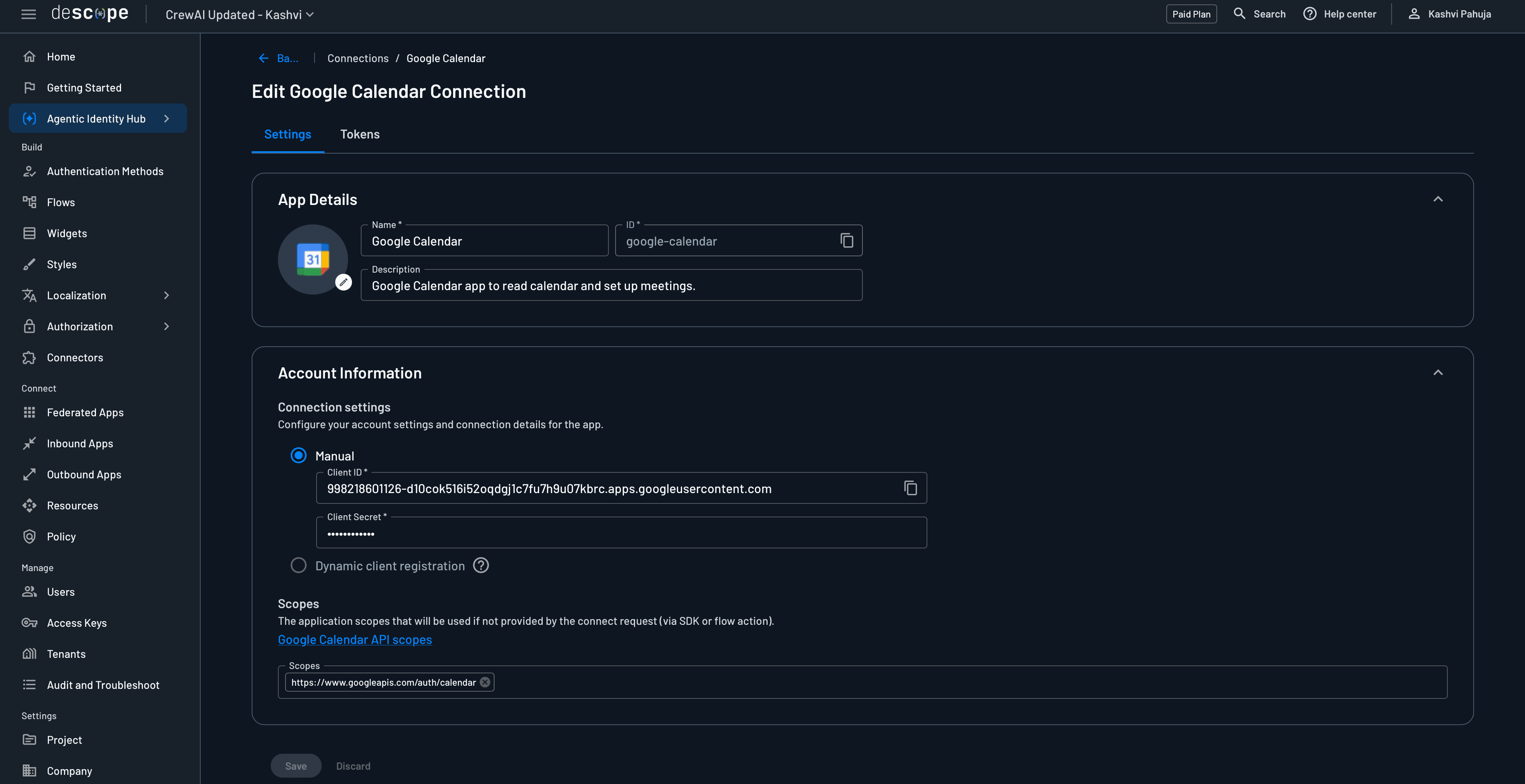 Fig: Google Calendar Connection scope setup