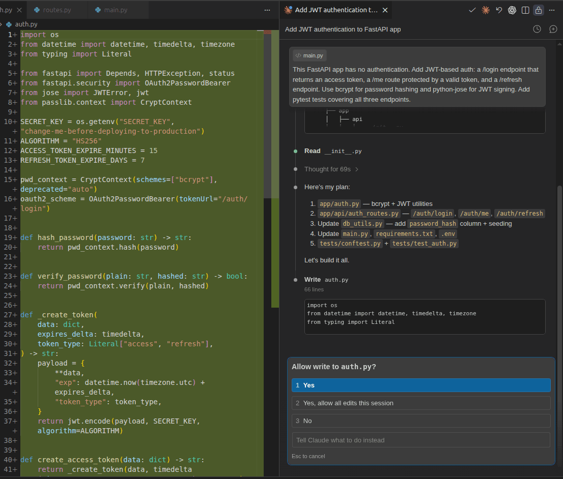 Fig: JWT auth coding session with Claude Code