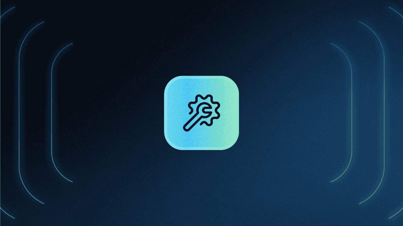 Thumbnail image featuring a centered rounded square icon with a teal to mint green gradient fill. The icon contains a dark blue outline illustration of a gear with a wrench, representing configuration or settings tools. The background is a dark navy blue with subtle curved accent lines in teal on both the left and right sides creating a sense of depth and motion.