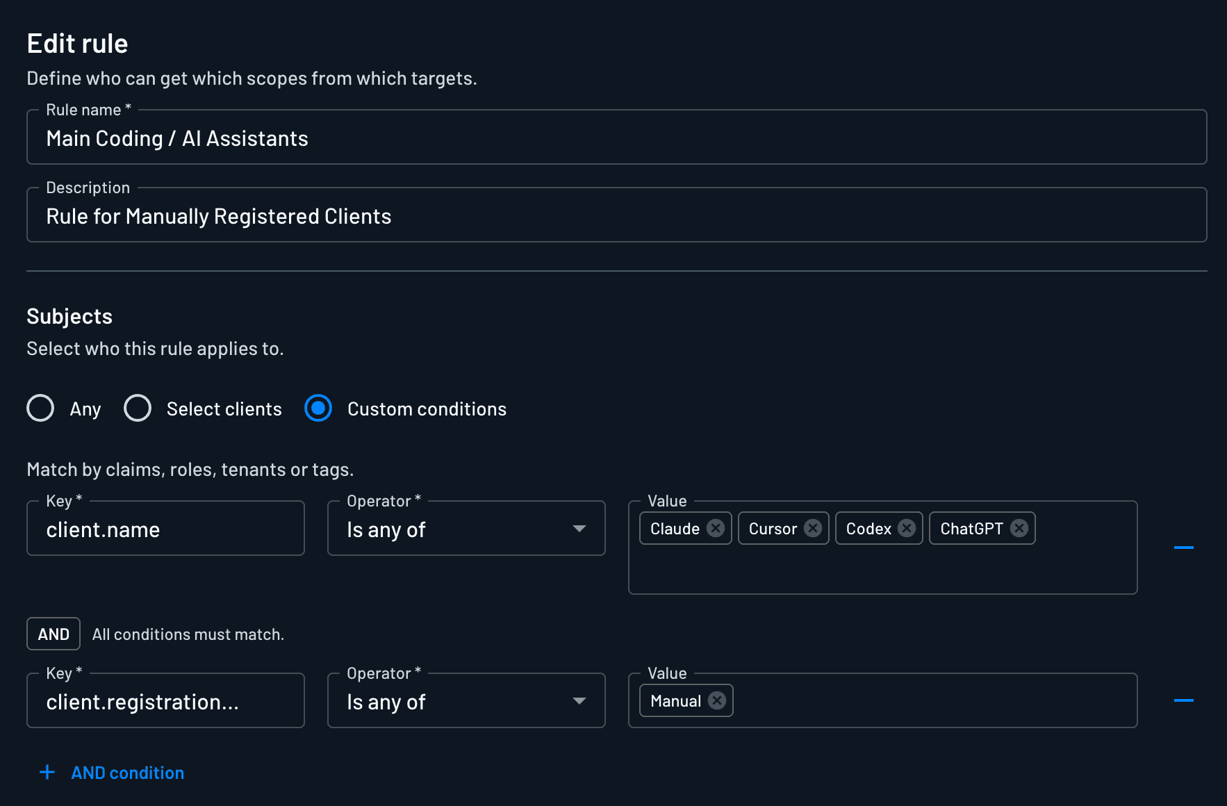 Subject selection showing custom conditions (of client.name and client.registrationType)