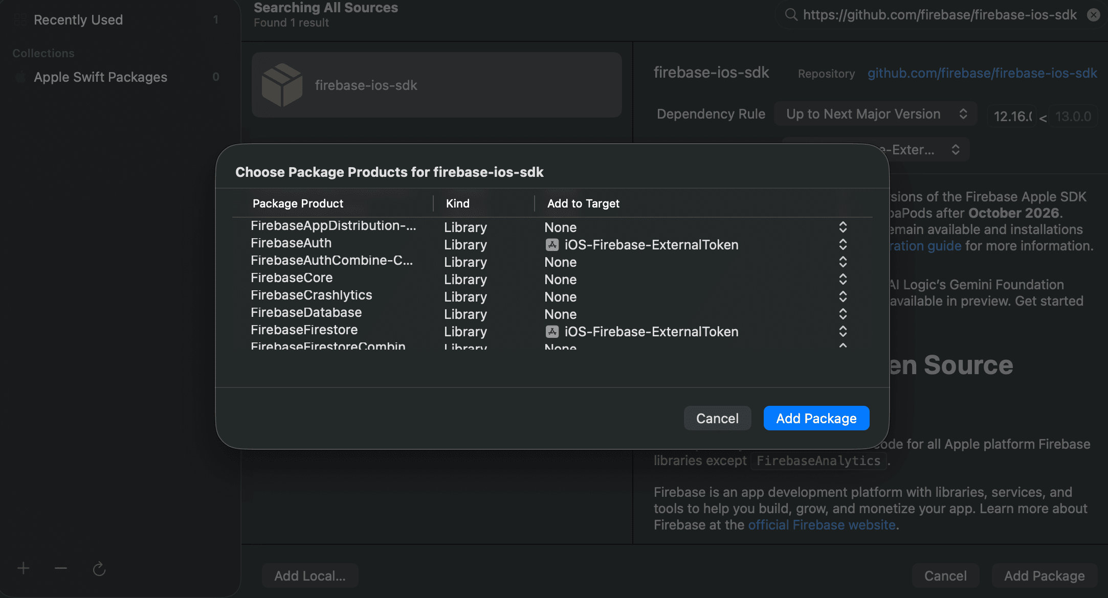 Xcode package products dialog for the firebase-ios-sdk package, listing the available library products with checkboxes, with FirebaseAuth and FirebaseFirestore selected and added to the app target, and an Add Package button in the lower right.