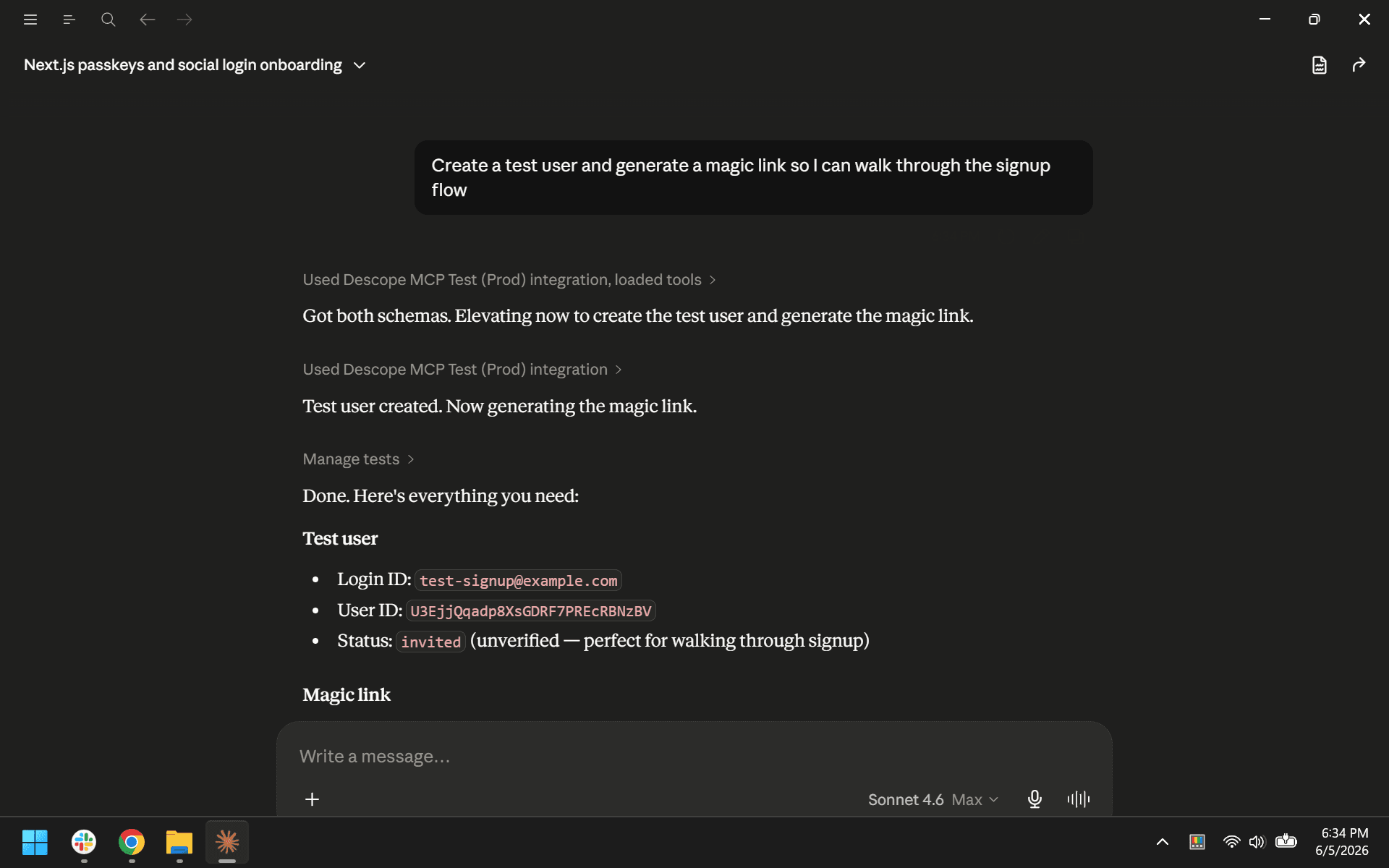 Create a test user and generate a magic link so I can walk through the signup flow