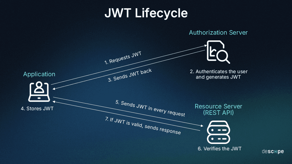 Diagram titled JWT Lifecycle on a dark blue gradient background showing the interaction between an Application, an Authorization Server, and a Resource Server labeled REST API, where step 1 shows the Application requesting a JWT from the Authorization Server, step 2 shows the Authorization Server authenticating the user and generating the JWT, step 3 shows the Authorization Server sending the JWT back to the Application, step 4 shows the Application storing the JWT, step 5 shows the Application sending the JWT in every request to the Resource Server, step 6 shows the Resource Server verifying the JWT, and step 7 shows the Resource Server sending a response back to the Application if the JWT is valid, with arrows indicating the direction of each step and Descope branding visible in the bottom right corner.