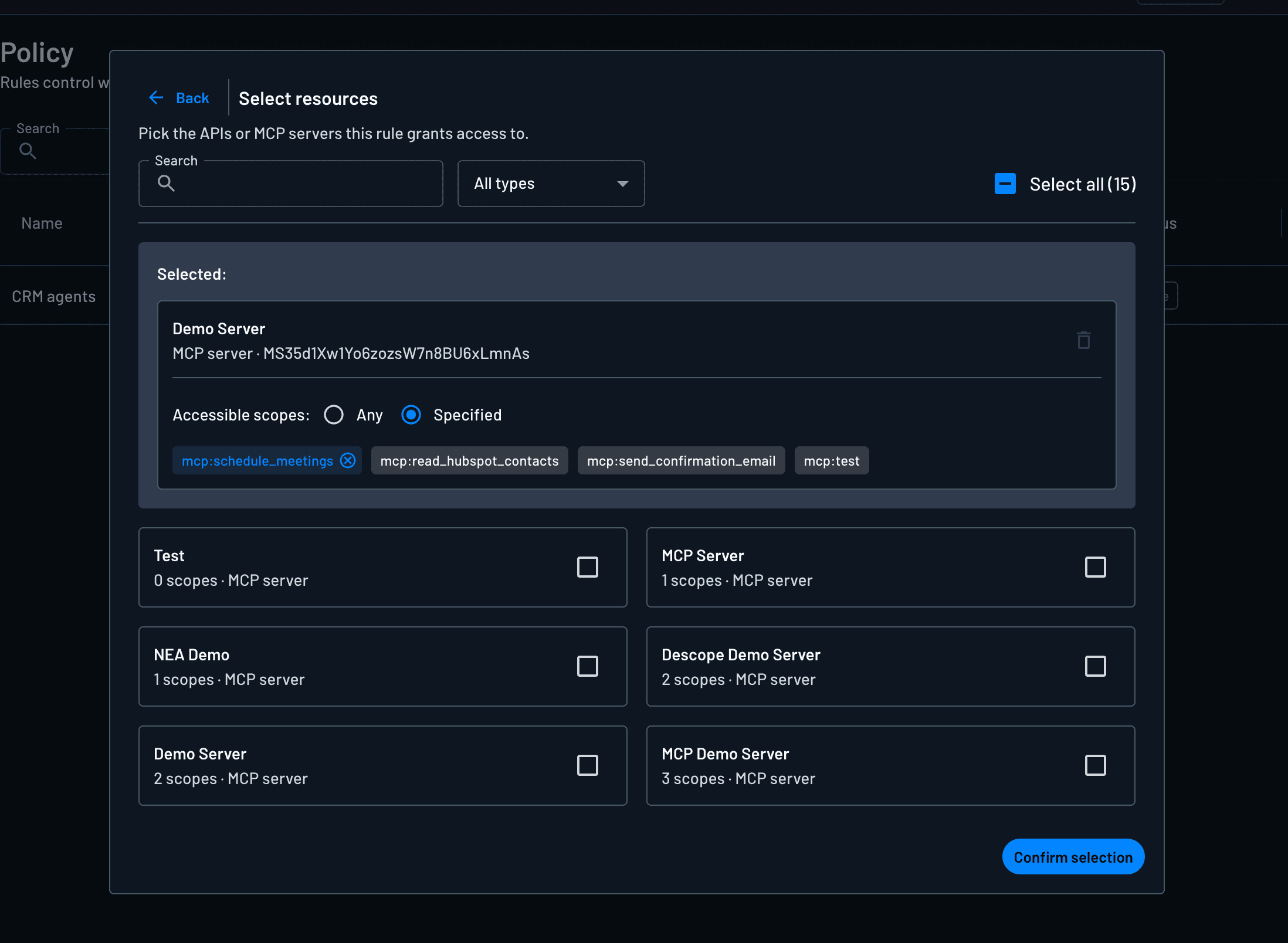 Target Resource selection (including MCP servers and Backend API resources)