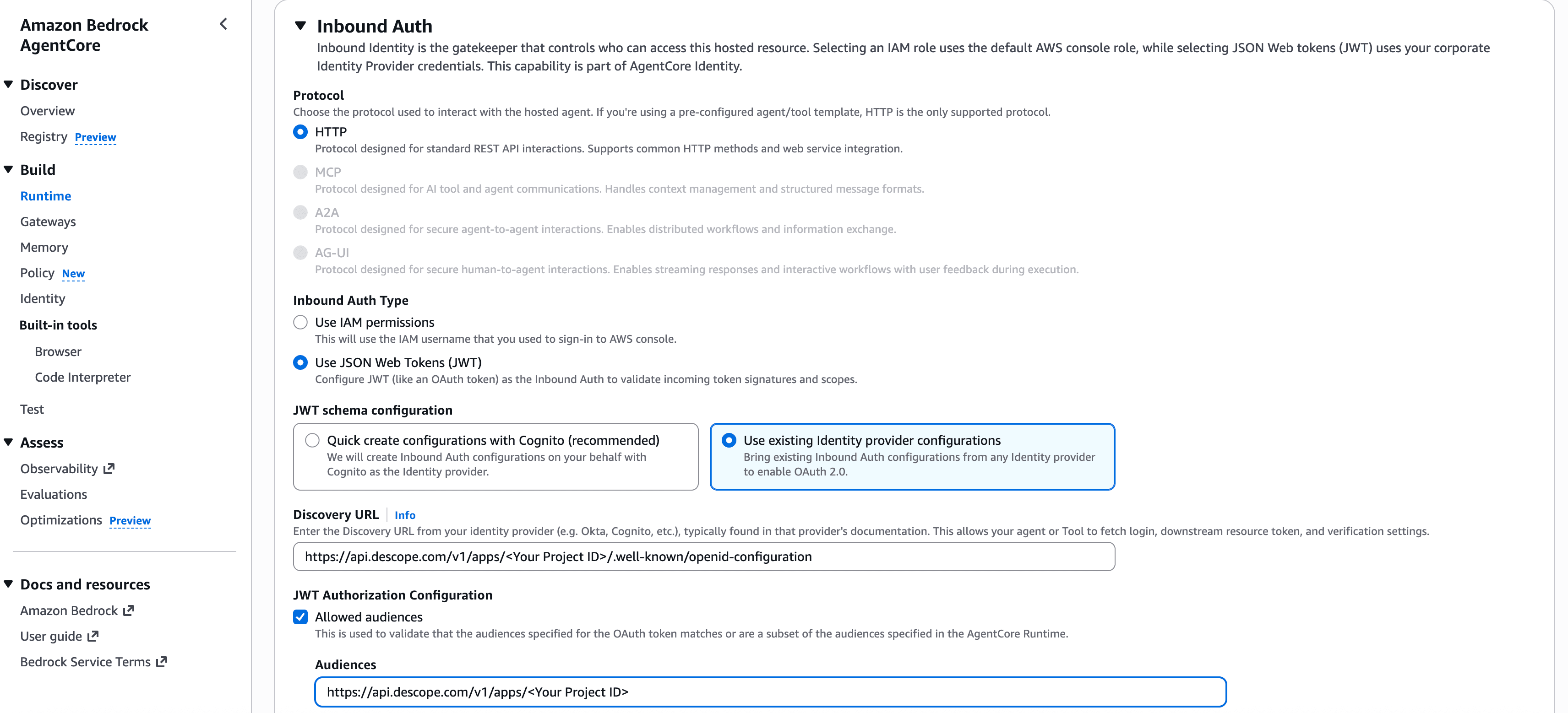 The main Inbound Auth configuration UI in AWS Bedrock Runtime