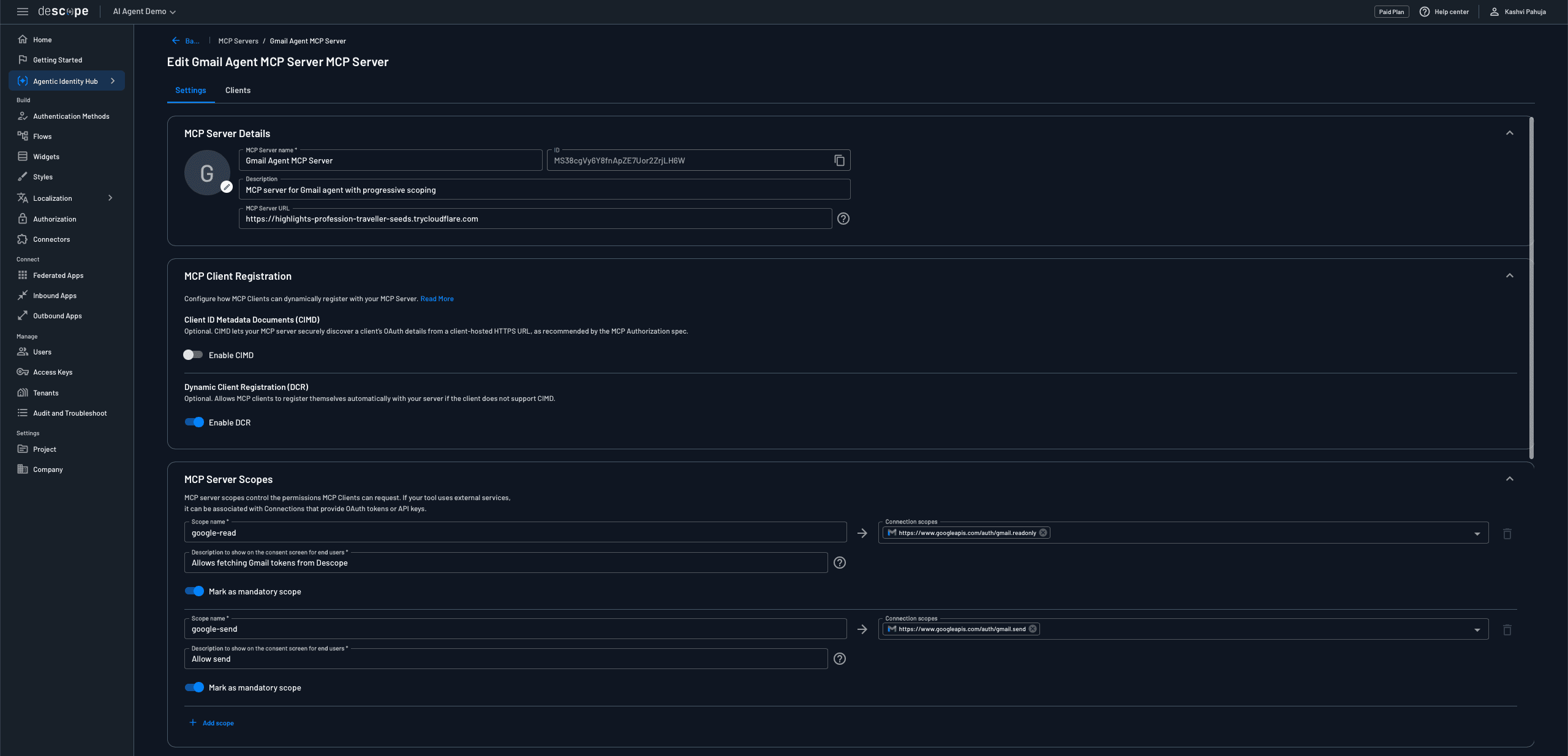 Fig: MCP Server configuration including client registration and scopes