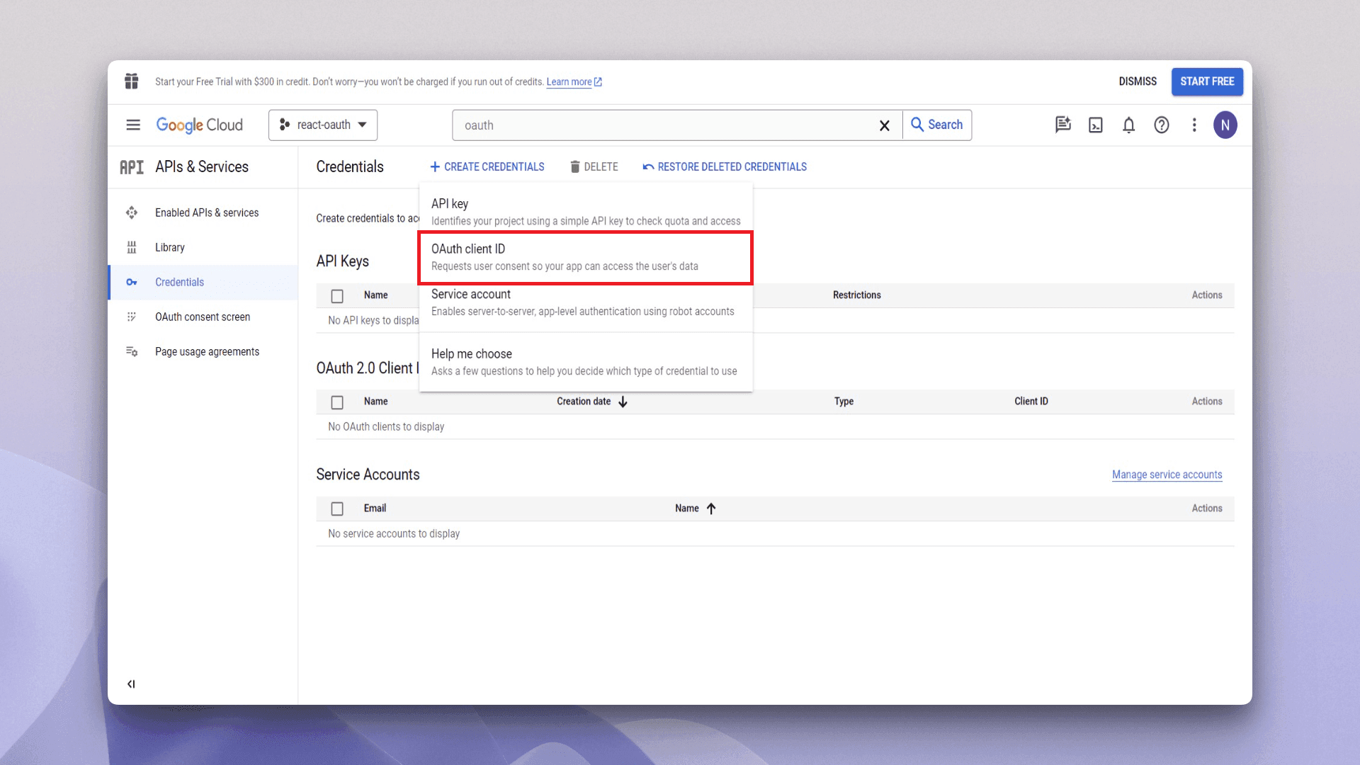 Screenshot of the Google Cloud Console APIs & Services Credentials page with the left navigation highlighting Credentials, a main panel listing sections for API Keys, OAuth 2.0 Client IDs, and Service Accounts, and an open Create credentials dropdown menu showing options including API key, OAuth client ID, Service account, and Help me choose, where OAuth client ID is visually emphasized with a red outline and described as requesting user consent so the app can access user data, with the project selector set to react-oauth and the standard Google Cloud header and search bar visible at the top.