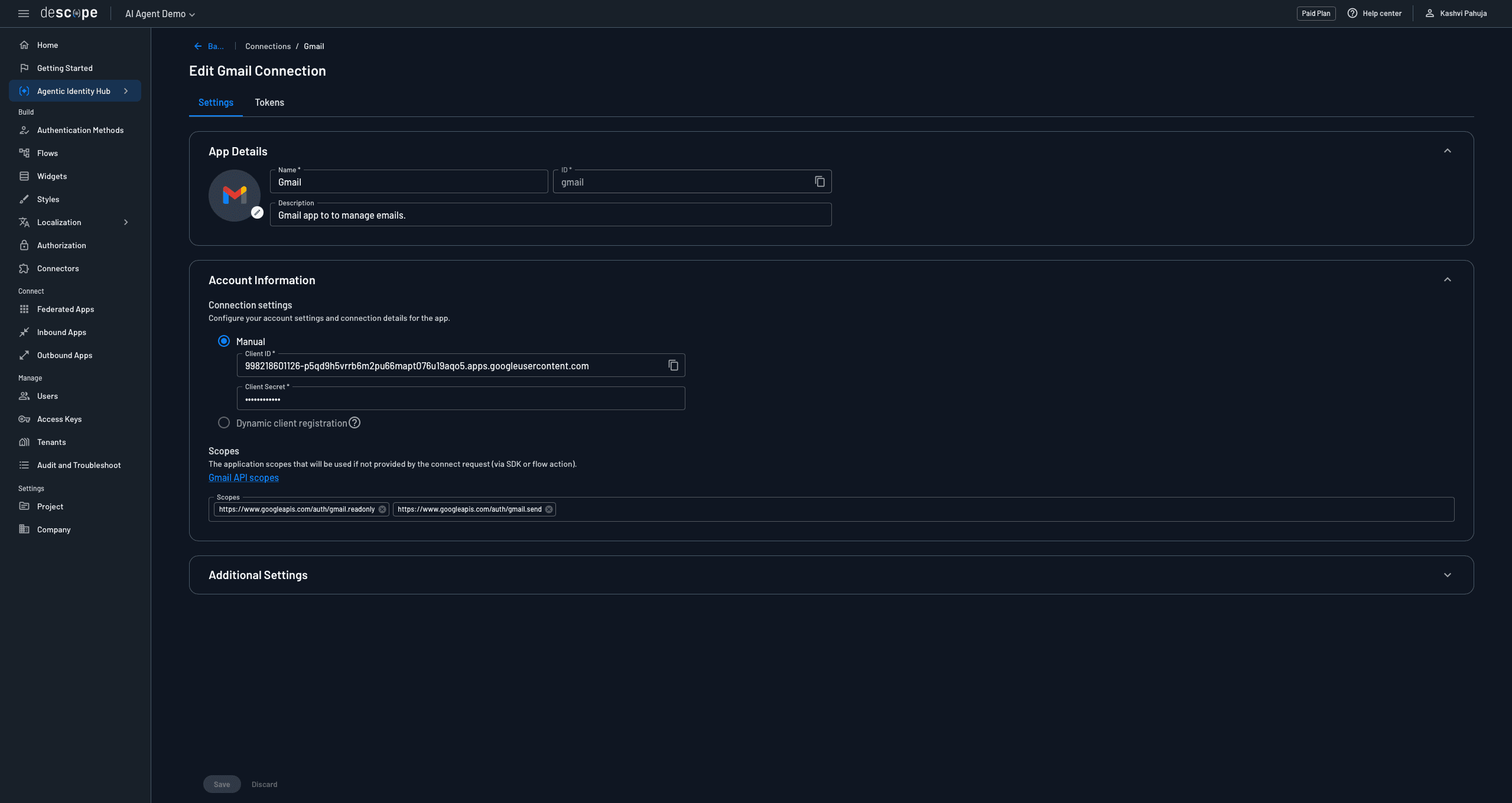 Fig: Creating a Gmail connection in the Agentic Identity Hub