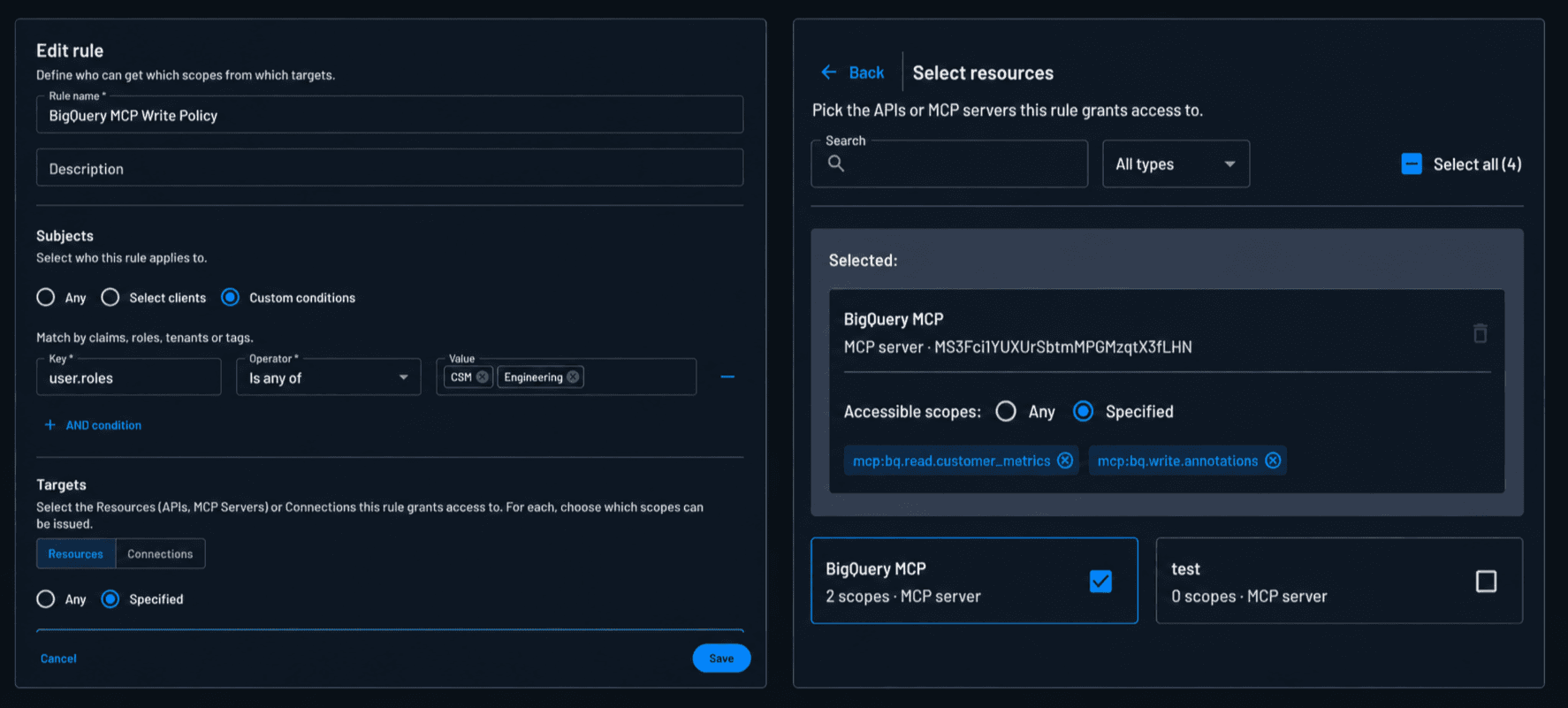 Fig: Write policy in Descope for CSMs and Engineering users. Descope policies allow you to select specific scopes within your protected resources.