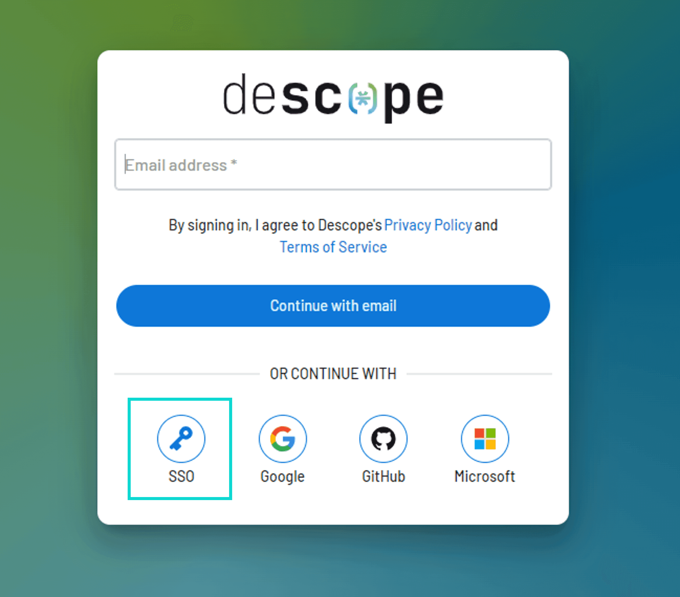 Screenshot of a Descope login page demonstrating SP-initiated SSO options. A white modal card appears centered on a teal and green gradient background. The Descope logo is displayed at the top with the stylized text showing de in dark gray, sc in teal with a connecting nodes icon replacing the o, and pe in dark gray. Below is an Email address input field marked as required with an asterisk. Legal text reads By signing in, I agree to Descope's Privacy Policy and Terms of Service with the links styled in blue. A blue Continue with email button appears below. An OR CONTINUE WITH divider separates the email option from four social and enterprise login buttons arranged horizontally: SSO with a key icon highlighted by a teal rectangular border indicating emphasis, Google with the multicolored G logo, GitHub with the black octocat logo, and Microsoft with the four-colored window logo. Each option is displayed within a circular outlined button with its label beneath.