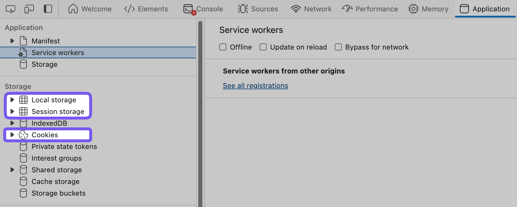 Screenshot of a browser’s developer tools with the Application tab selected, showing a left sidebar with sections for Manifest, Service workers, and Storage, where Service workers is highlighted and the Storage subsection lists Local storage, Session storage, IndexedDB, Cookies, and other storage types, with Local storage, Session storage, and Cookies visually outlined, while the main panel on the right displays the Service workers view with checkboxes for Offline, Update on reload, and Bypass for network, a section titled Service workers from other origins, and a link labeled See all registrations, and the top toolbar shows other tabs such as Elements, Console, Sources, Network, Performance, and Memory.
