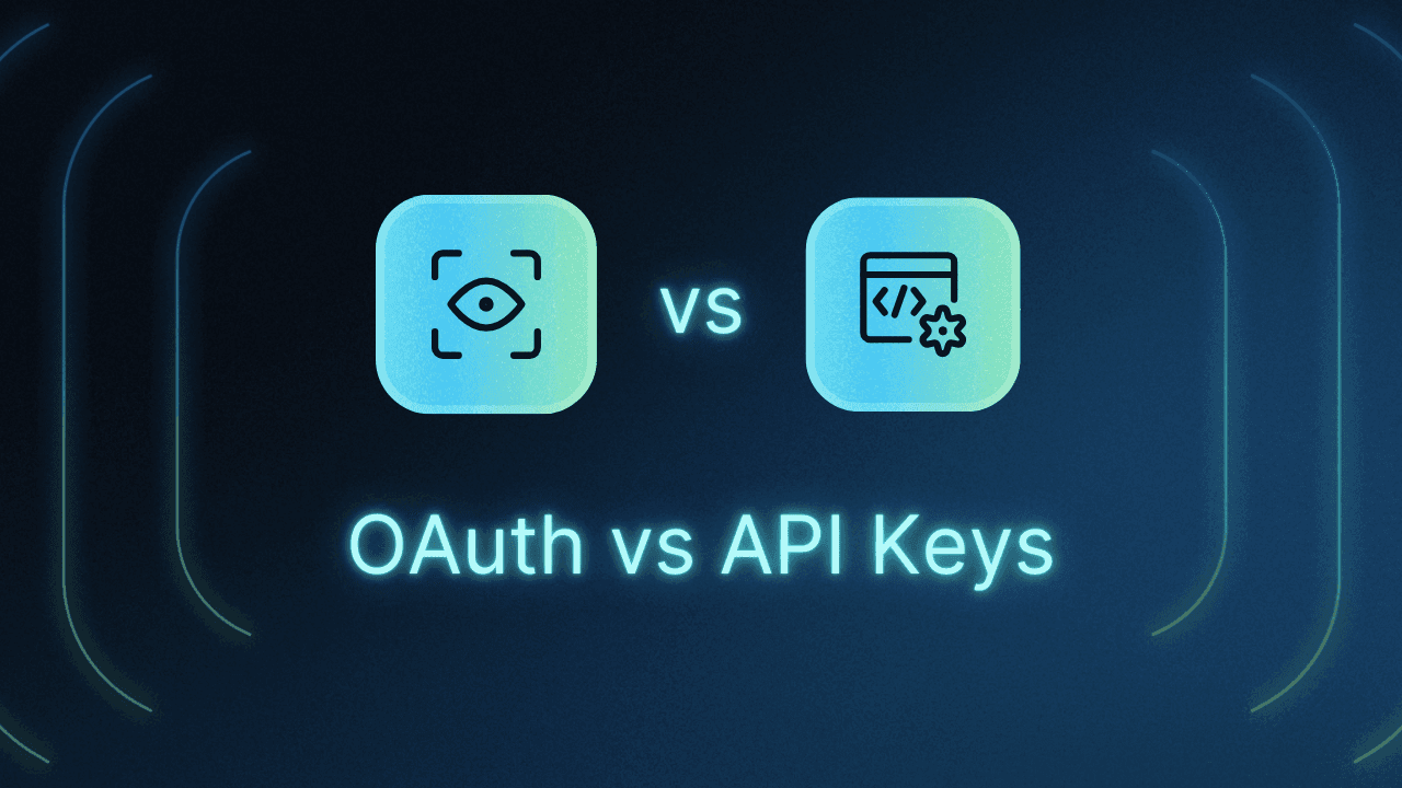 An infographic titled OAuth vs API Keys on a dark blue gradient background. The image features two teal icons separated by a glowing VS text in the center. The first icon on the left displays an eye within a viewfinder frame, and the second icon on the right displays a browser window with a coding symbol and a small gear. Below the icons, the large glowing text reads OAuth vs API Keys. The background includes subtle, glowing curved lines on the far left and right sides.