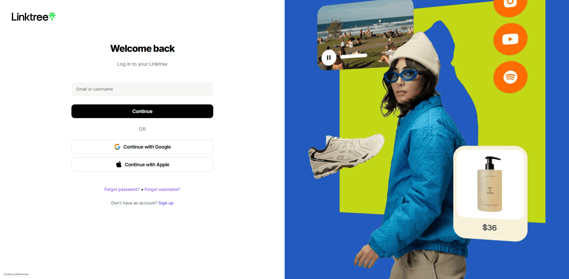 Linktree login page