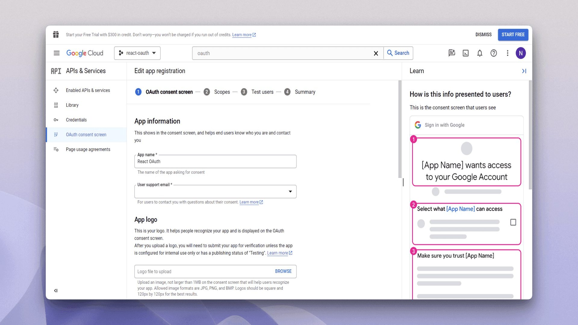 Screenshot of the Google Cloud Console OAuth consent screen page within APIs & Services, showing the left navigation with OAuth consent screen selected, a main panel titled OAuth consent screen explaining app configuration and target users, User Type options with Internal and External radio buttons where External is selected, descriptive text about availability and testing mode, a CREATE button below the selection, and a right sidebar labeled Learn containing expandable help topics such as What is the OAuth consent screen, What are OAuth consent scopes, sensitive and restricted API scopes, app registration, verification requirements, and usage limits, with the project selector set to react-oauth and the top bar displaying the Google Cloud header and search field.