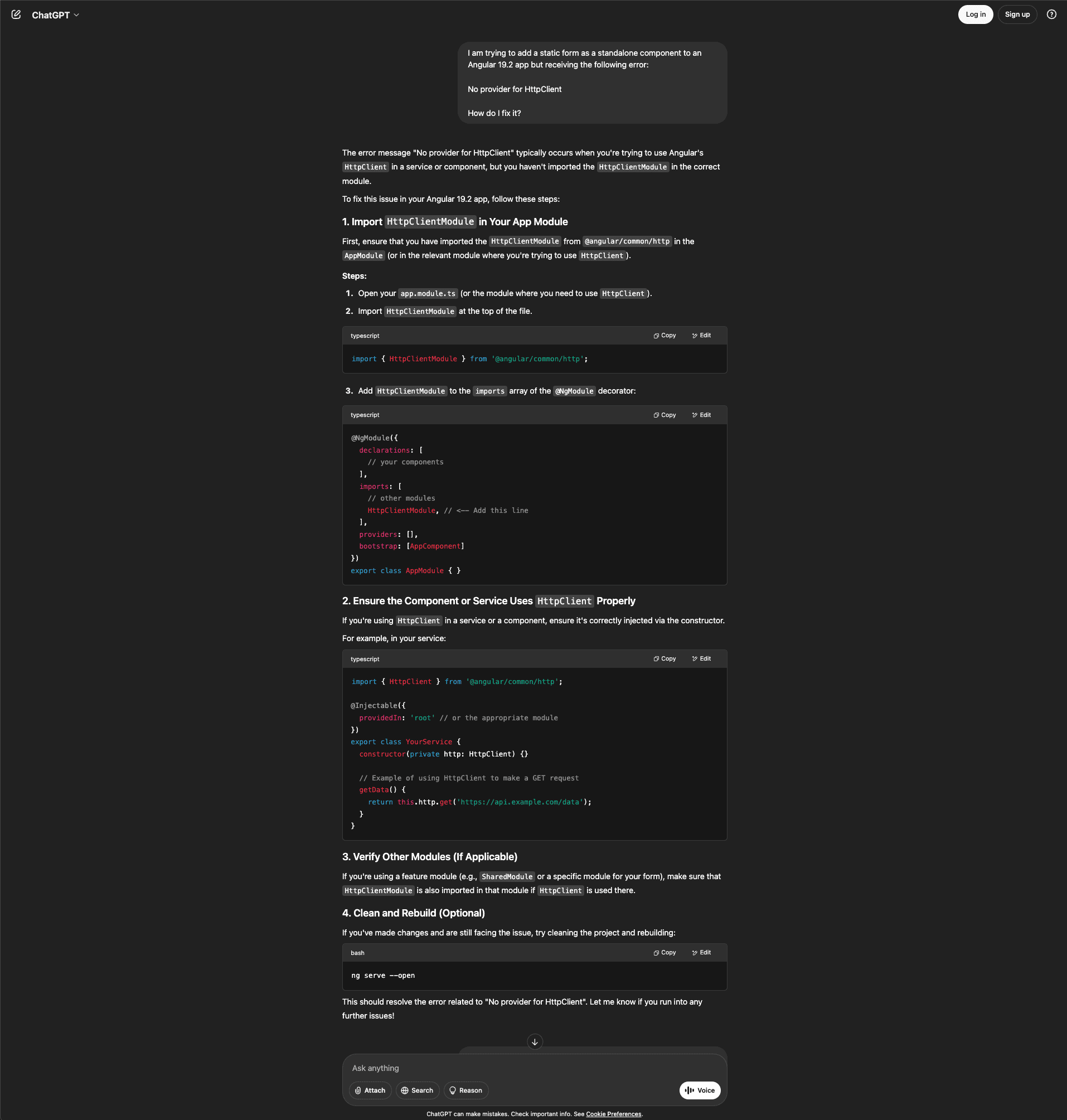 Fig: ChatGPT's response to Angular error