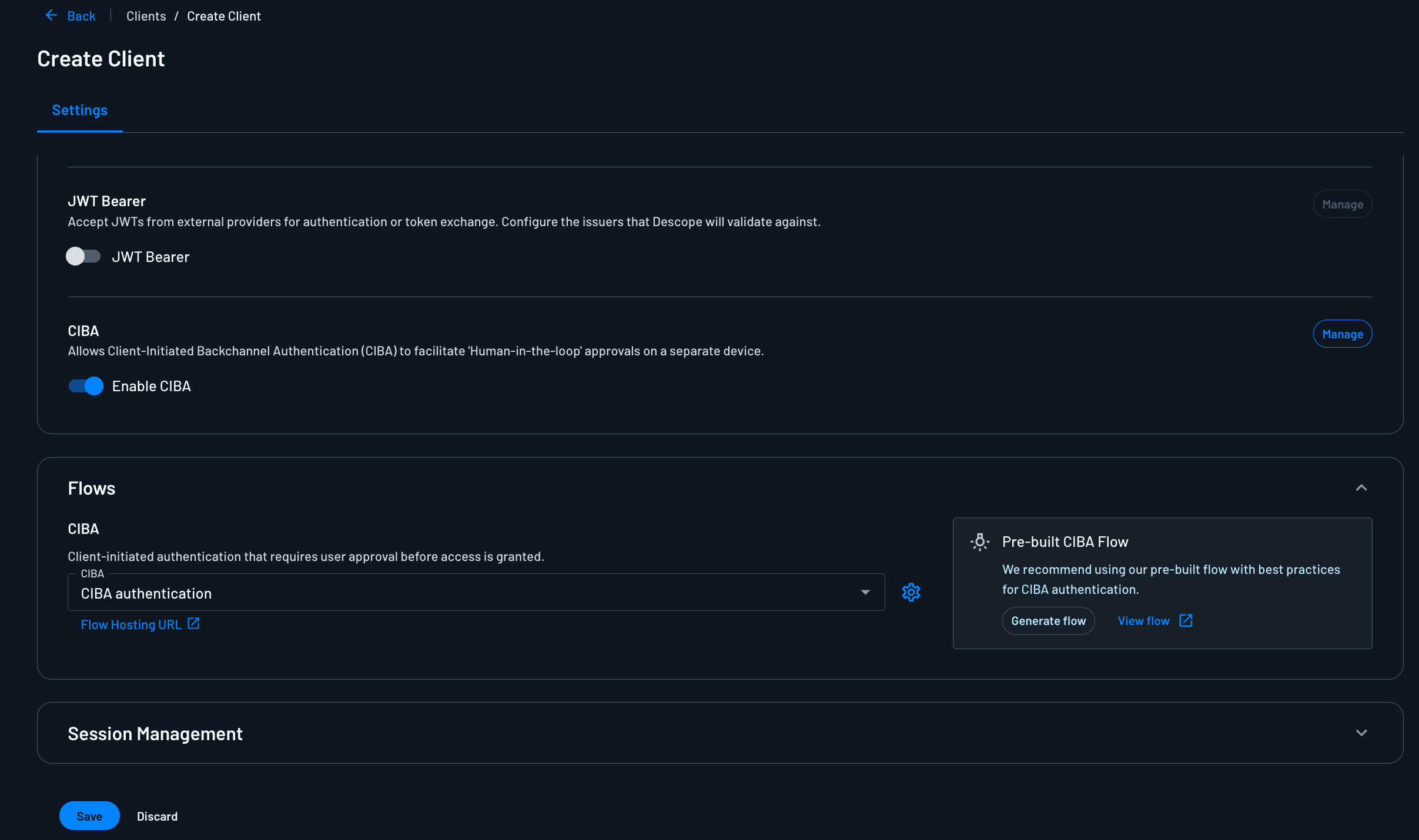 Fig: Creating a client in the Descope Console with the CIBA flow enabled