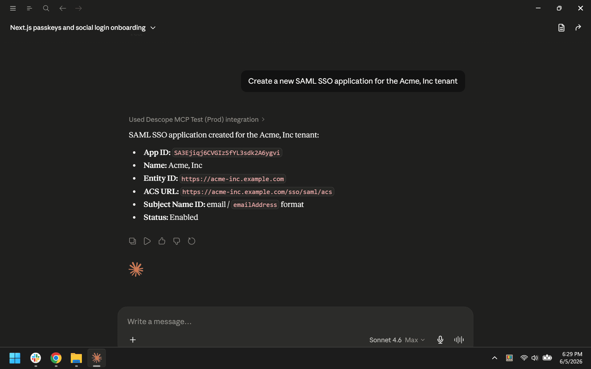 Create a new SAML SSO application for the Acme, Inc tenant