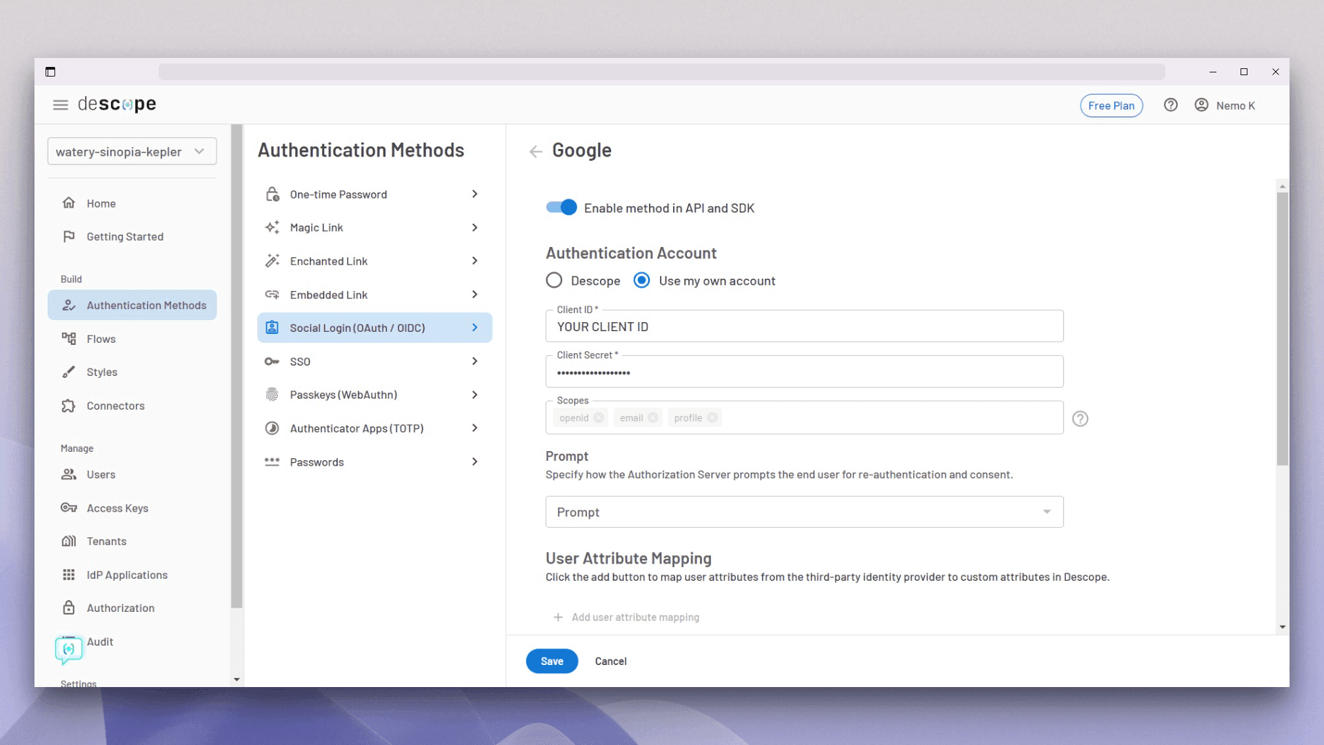 Screenshot of the Descope Console Authentication Methods page with Social Login (OAuth / OIDC) selected and the Google provider configuration open, showing a toggle enabled for Enable method in API and SDK, an Authentication Account section with Use my own account selected, input fields for Client ID labeled YOUR CLIENT ID and Client Secret masked with dots, a Scopes field listing openid, email, and profile, a Prompt dropdown for authorization behavior, a User Attribute Mapping section with an option to add mappings, and Save and Cancel buttons at the bottom, alongside the left navigation displaying authentication method categories and the project selector watery-sinopia-kepler with a Free Plan badge visible in the header.